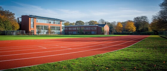 A red running track in front of a brick school building.