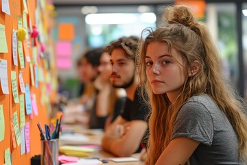 Team members engage in a brainstorming session, surrounded by colorful sticky notes, brainstorming innovative ideas in a collaborative workspace atmosphere