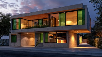 Obraz premium Street level evening lighting on a modern house with concrete and green windows.