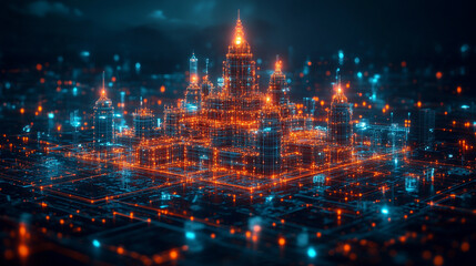 Fototapeta premium digital blueprint of an office building, representing modern architectural planning, precision, and technology in the workplace. Symbolizes innovation, structure, and the future of business environmen