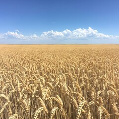 Naklejka premium A vast field of golden wheat under a clear blue sky with scattered clouds.