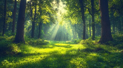Obraz premium Lush forest with sunlight filtering through trees onto a grassy path.