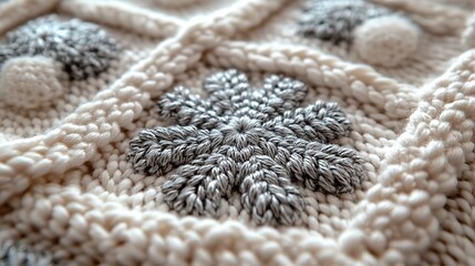 A seamless knitting pattern featuring silver snowflakes on a white background, representing traditional winter designs used in cozy home decor.