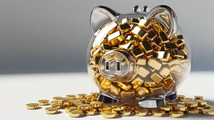 Piggy Bank Full of Gold Bars and Coins