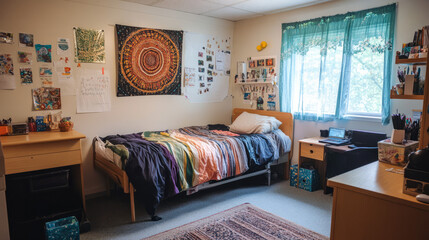 Dorm room bedroom mockup with bed, decorations and mandala tapestry wall art with lights pillows desk youthful university campus student housing colorful teen teenager decor minimalist interior design