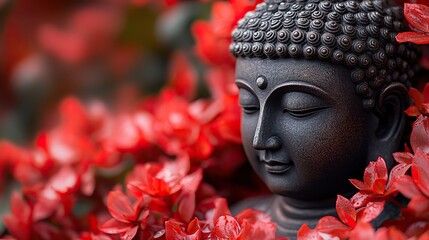 A serene Buddha statue surrounded by red flowers on a dark background, perfect for Vesak Day-themed banners, posters, or greeting cards celebrating Buddhist culture and spirituality.
