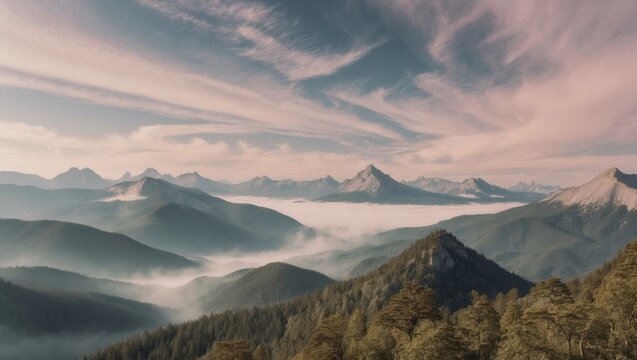 Stunning mountain landscape with clouds rolling over valleys during early morning light