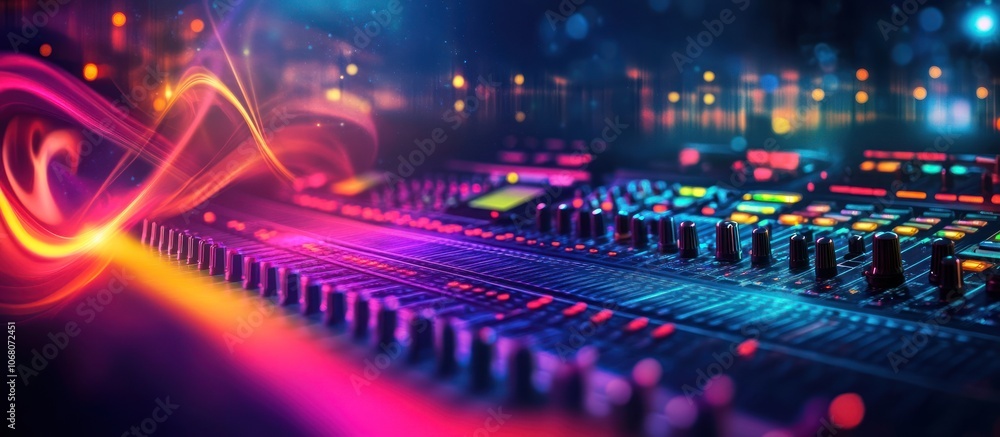 Poster audio mixing console with colorful lights and sound waves in the background.