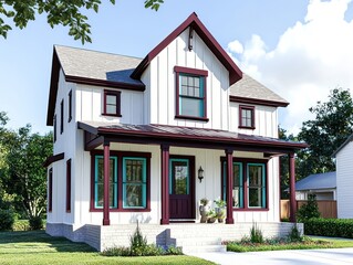 Obraz premium Contemporary Georgia home with maroon trim, white walls, turquoise windows, sunny day.