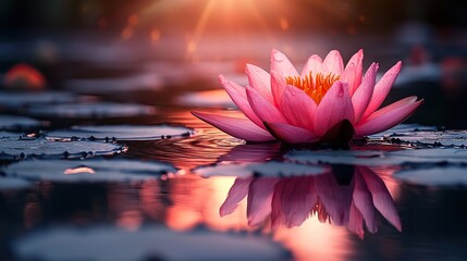 A serene pink lotus or water lily glows under rays of light, symbolizing spiritual enlightenment and relaxation in religious or meditation concepts.