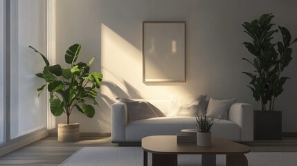 Cozy Living Room with Natural Light and Green Plants