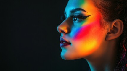 Obraz premium Portrait of a transgender woman with a subtle rainbow highlight, representing identity and pride