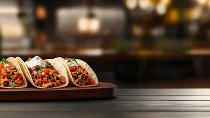 Three delicious tacos filled with colorful ingredients served on a wooden platter against a blurred restaurant background.