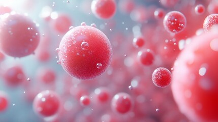 Abstract background of red spheres floating in water.