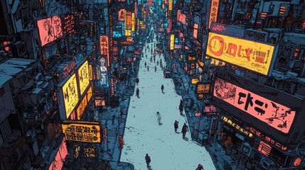 Fototapeta premium Bustling City Street at Night with Neon Signs