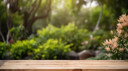 Wooden Table in Lush Botanical Garden Setting