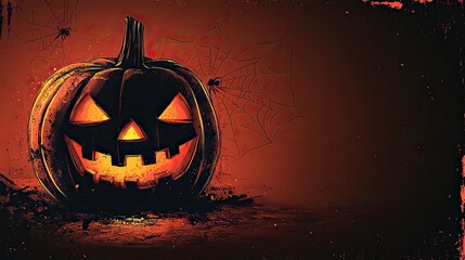 Fototapeta premium A simple yet spooky design with a carved pumpkin and spider web on a dark red background, ideal for creating Halloween and Thanksgiving banners, greeting cards, or invitations.