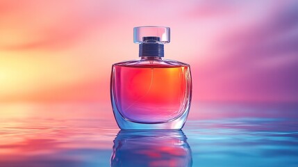 A sleek perfume bottle on a gradient background, with space for branding, ideal for beauty product advertisements or fragrance promotions.