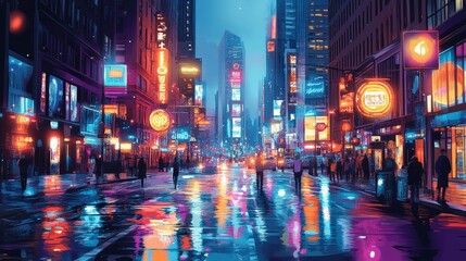 Vibrant City Street at Night with Neon Lights