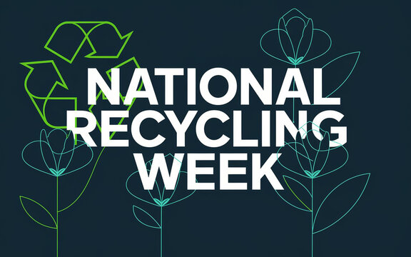 National Recycling Week Banner with Bold Neon Typography, Recycling Symbols, and Eco-Friendly Design on Dark Background