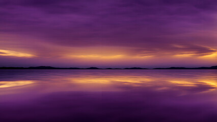 Fototapeta premium Metallic liquid surface in deep purple and gold tones reflecting a soft twilight sky, Ai Generated