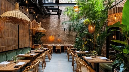 Fototapeta premium Stylish Indoor Restaurant with Greenery and Warm Lighting