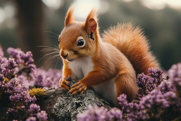 Obraz premium Red squirrel eating purple flower on a rock in blooming heather field