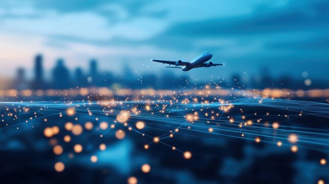 Airplane taking off with digital connectivity overlay