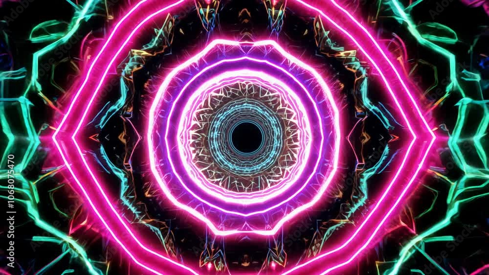 Poster camera rotates counterclockwise revealing a mandala-like explosion of fractal patterns with psychede