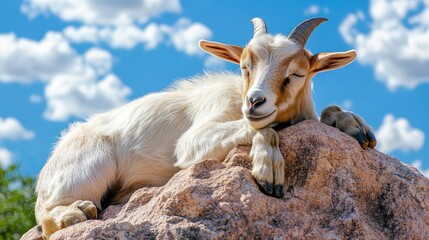 Obraz premium Relaxing Goat Sunbathing on a Rock