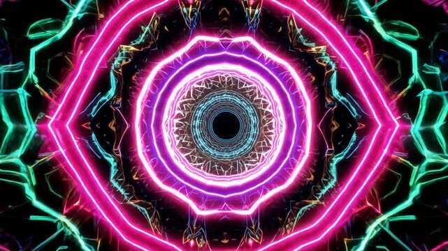 Camera rotates counterclockwise revealing a mandala-like explosion of fractal patterns with psychedelic neon lighting