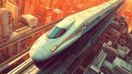 Futuristic High-Speed Train in a Cityscape Setting