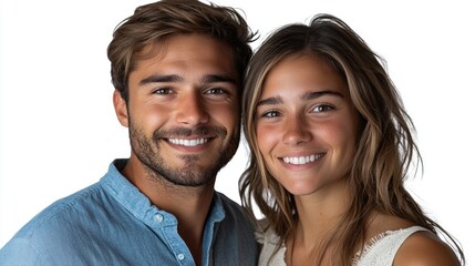 Happy couple smiling and showing perfect white teeth on white background