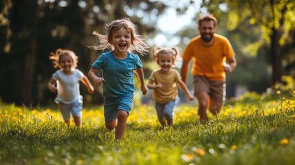 Fototapeta premium Happy family running through summer meadow in nature