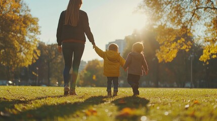 Obraz premium Mother walking with two children in a park during autumn sunset