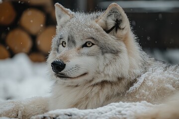 Obraz premium Majestic wolf relaxing in snowy wonderland