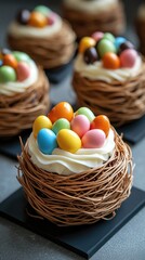 Delicious easter cakes decorated with chocolate eggs and coconut flakes dripping with icing