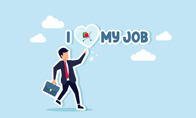 A happy businessman pointing to a love sign filled with a shopping cart on the text I LOVE MY JOB, illustration of loving work based on the ability to purchase goods