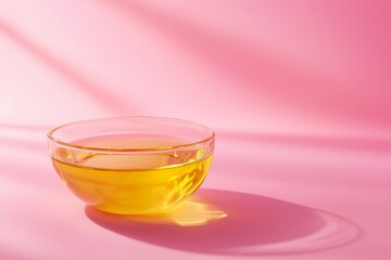 A glass bowl filled with sunflower oil on a soft pink backdrop, minimalistic presentation.