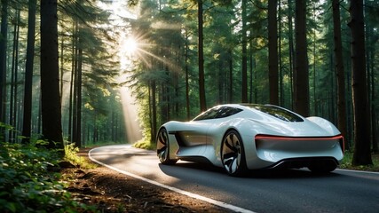 Fototapeta premium A futuristic electric car drives along a winding road in a sunlit forest during early morning hours