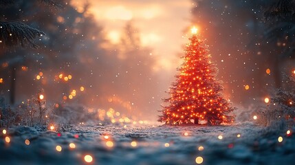 A snowy winter wonderland with a decorated Christmas tree and twinkling holiday lights symbolizes festive cheer, making it ideal for holiday banners.