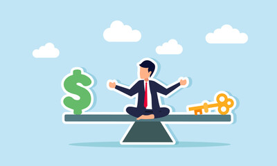 A businessman sitting in the middle of a seesaw with a dollar sign at each end and a key on the other, illustration of the price to pay for solutions to business problems