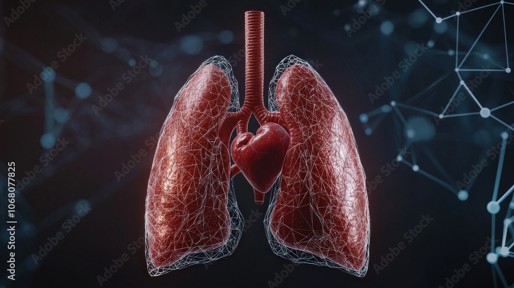 Poster 3d rendering of human lungs with heart inside, showcasing intricate details and modern design. this 