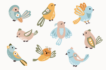 Birds set. Magic birds. White background isolate	