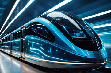Obraz premium Modern high-speed train in a futuristic subway station with vibrant blue lighting
