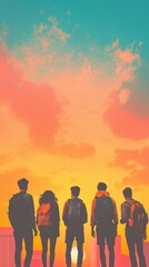 A group of five friends silhouetted against a vibrant sunset sky.