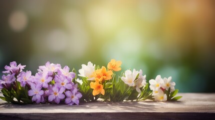 Fototapeta premium Colorful Spring Flowers on Wooden Surface