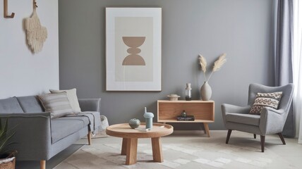 the living room of a home features a large painting by person.