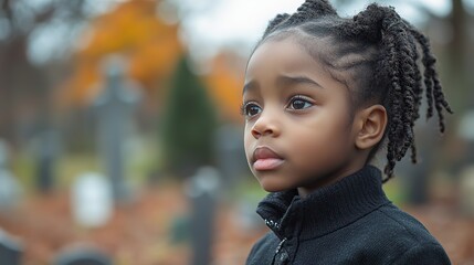 A sorrowful African American child stands at a funeral in a cemetery, reflecting on loss and grief during a burial.