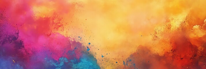 Vibrant Holi festival colors explosion for celebration and design. Horizontal banner. Copy space. Festival of colors, love, and spring. Multicolored background. Holiday template